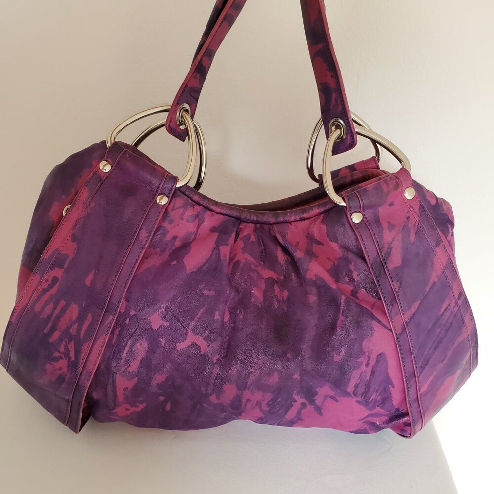 Kooba Leather Purse Hobo Handbag purple navy blue fuscia pink painted tie dyed - Picture 14 of 16